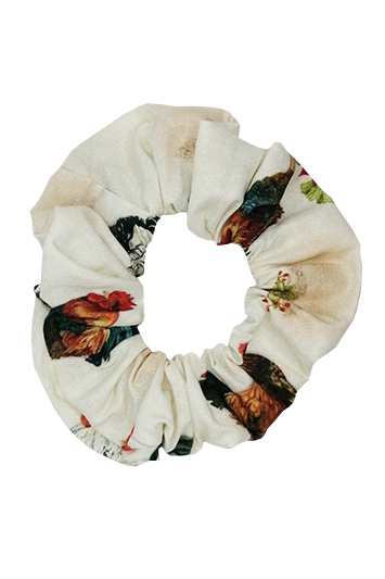 chouchou cheveux coton ivoire imprimé poules made in france