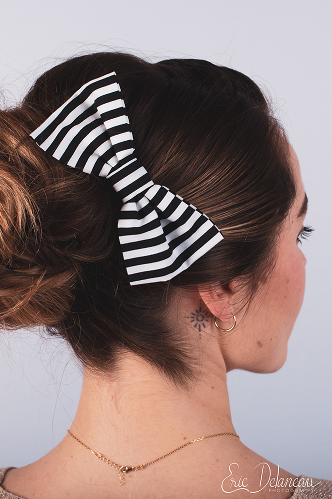 noeud pour cheveux en coton rayé noir et blanc made in france