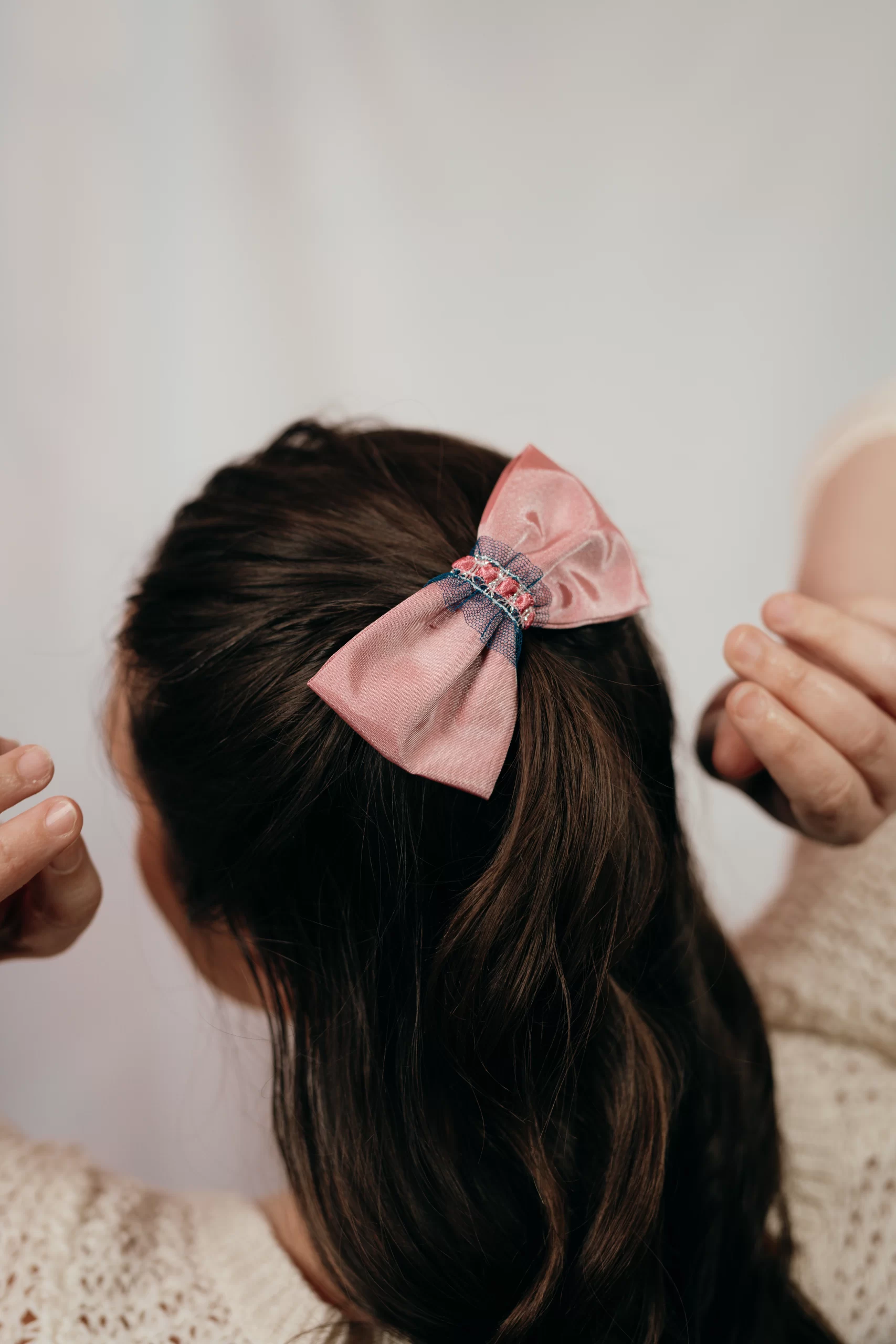 noeud rose pastel en taffetas made in france pour cheveux