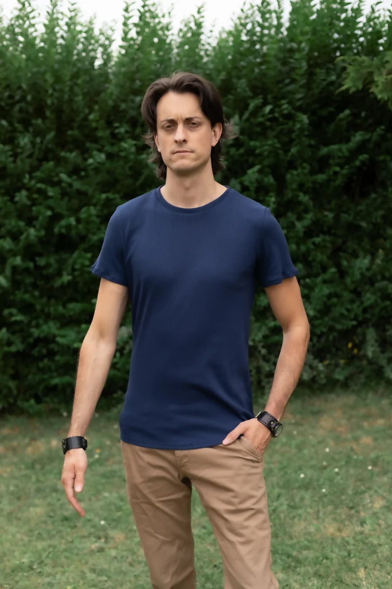 tee-shirt homme jersey coton côtelé bleu marine made in france