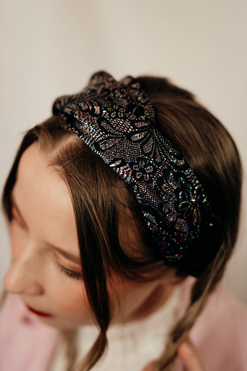 bandeau cheveux fait main made in france noir et argent à motif dentelle